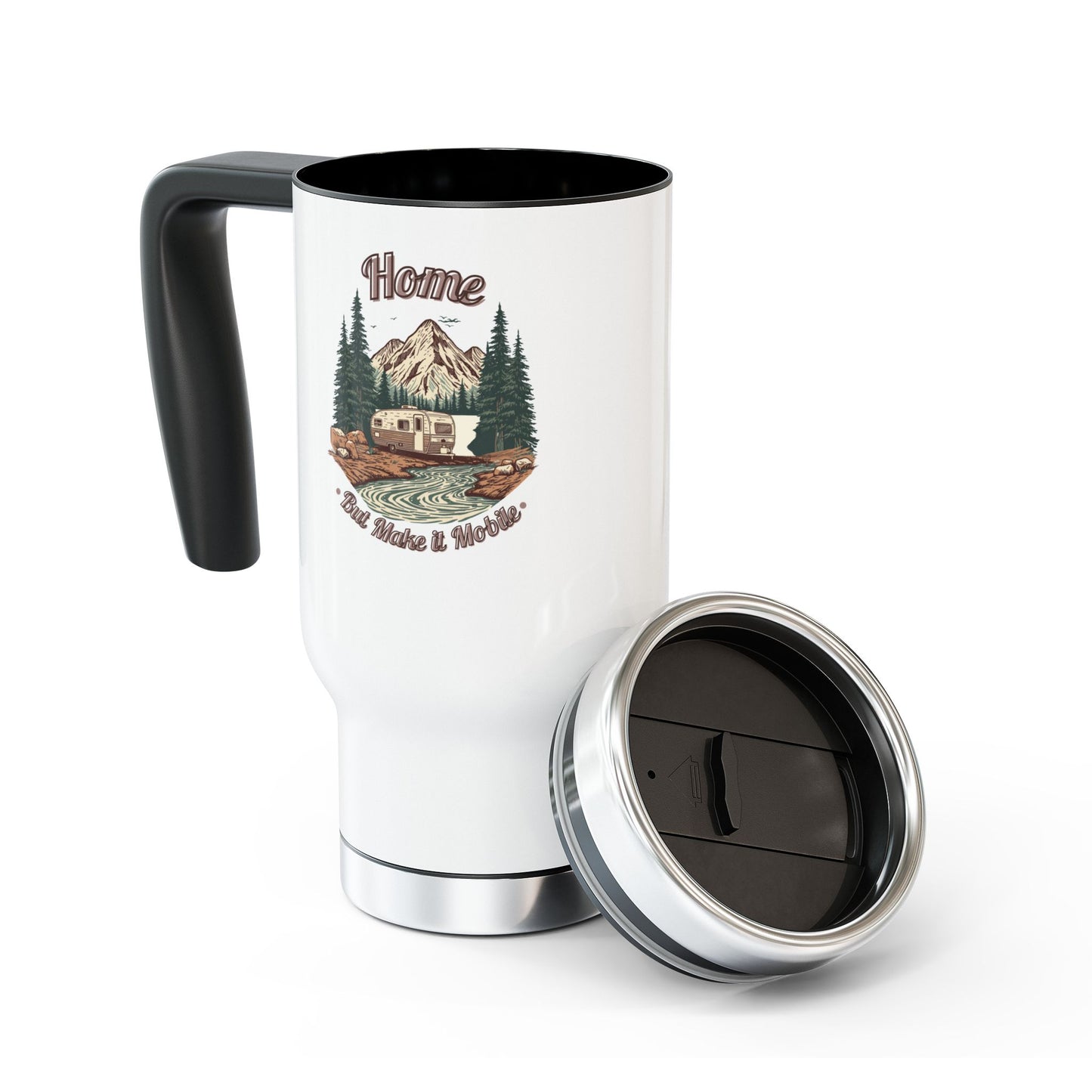 Home But Make It Mobile — Travel Trailer Travel Mug with Handle | 14oz