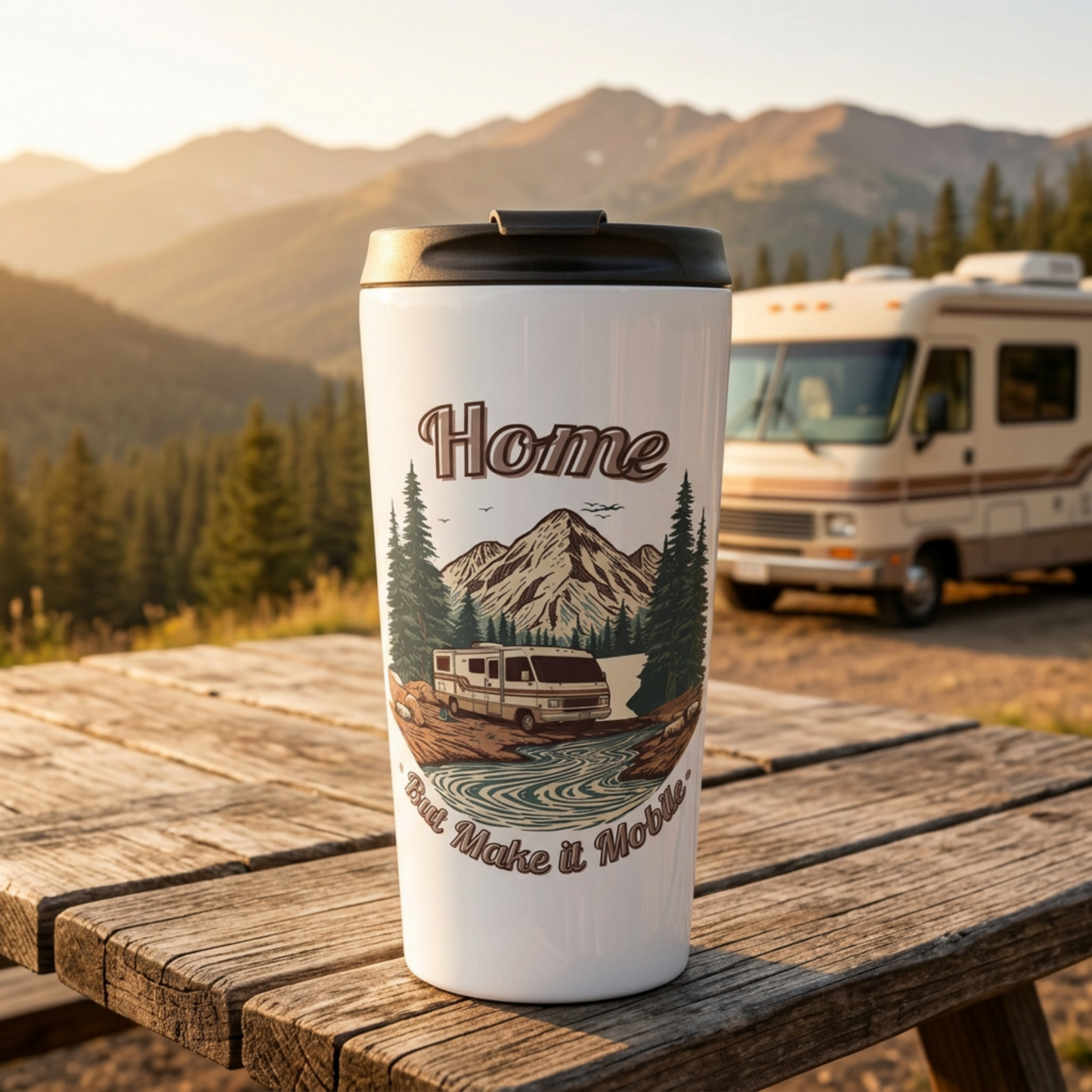 Travel Mug — 'Home But Make It Mobile' Retro Class A Motorhome