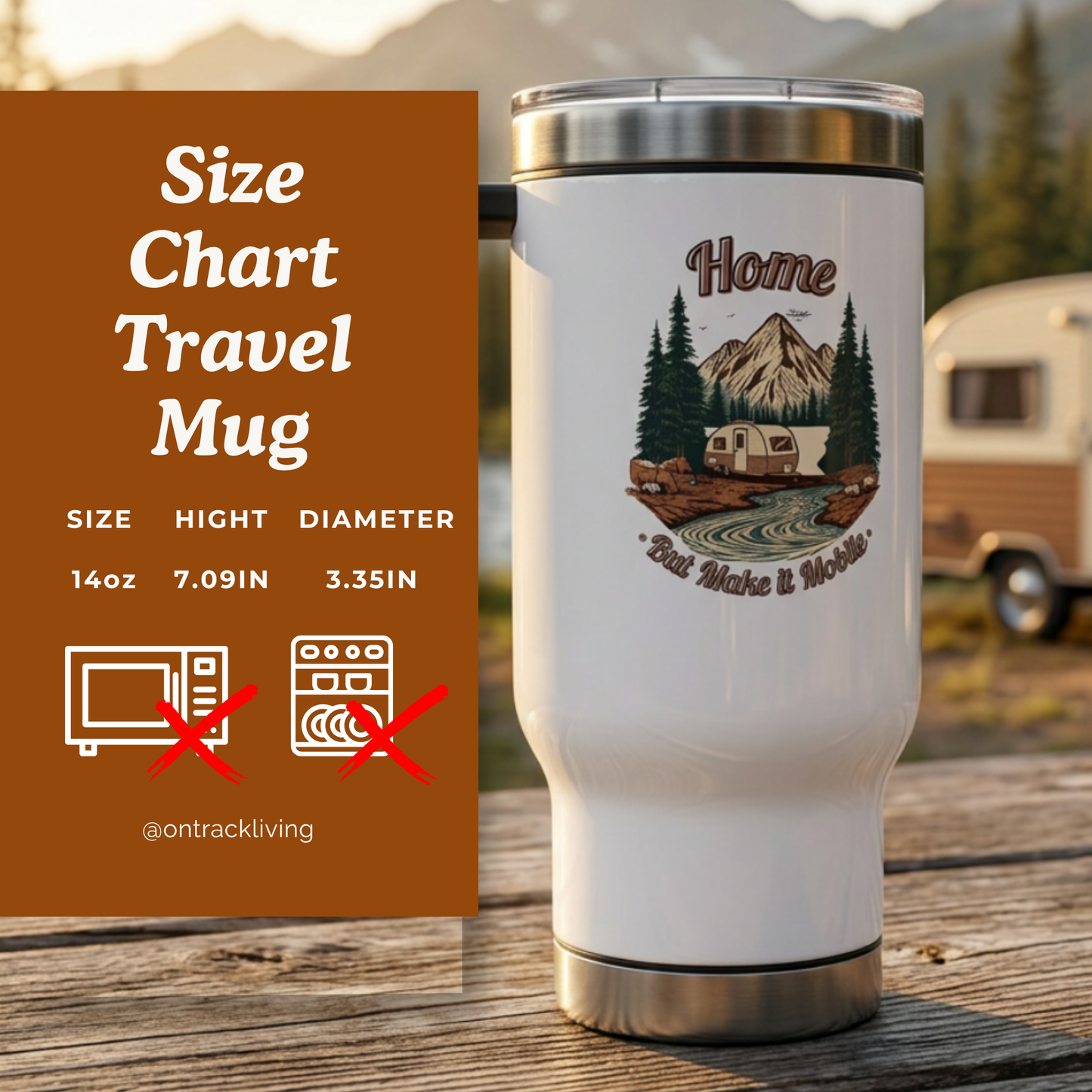 Home But Make It Mobile — Teardrop Camper Travel Mug with Handle | 14oz