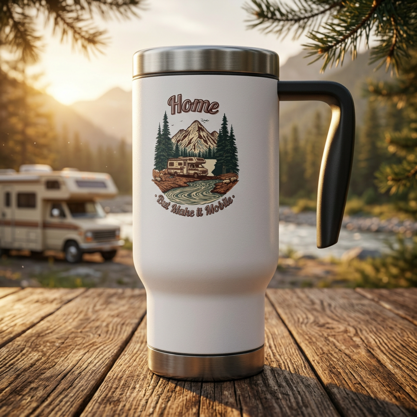 Home But Make It Mobile — Class C Motorhome Travel Mug with Handle | 14oz
