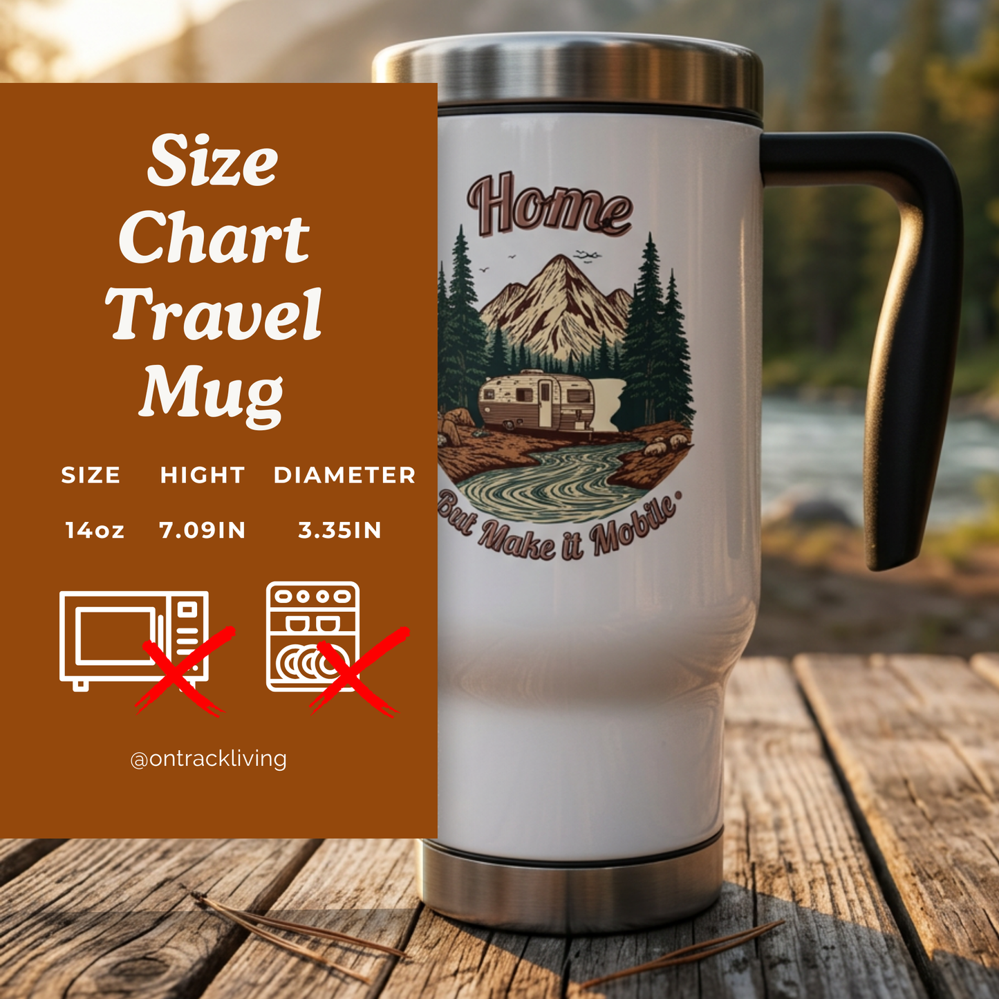 Home But Make It Mobile — Travel Trailer Travel Mug with Handle | 14oz